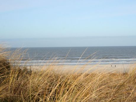 Blick von einer Düne auf die Nordsee und den Strand von Juist