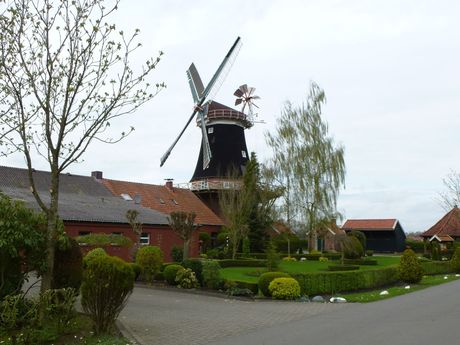 Eine Straße entlang der Windmühle in Rhaude