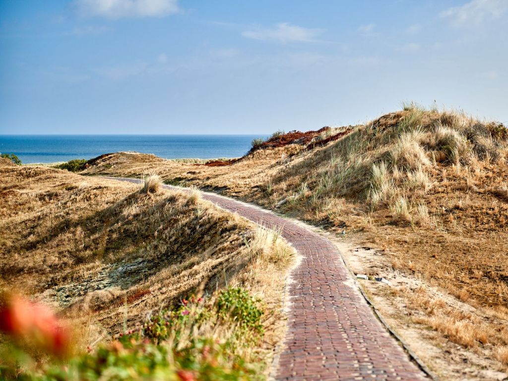 Weg durch die Dünen auf Langeoog mit Nordsee im Hintergrund